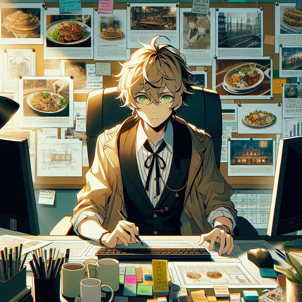 imagine in anime seraph of the end like look showing an anime boy with messy blond hair and green eyes working in social media agentur fuer restaurants